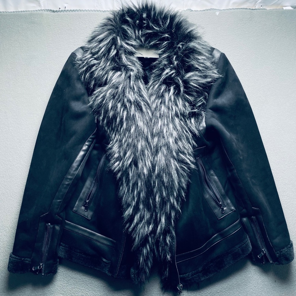 R.S1NE Women Aviator Jacket Faux Suede Fur Collar Black Medium Rockstar Gothic